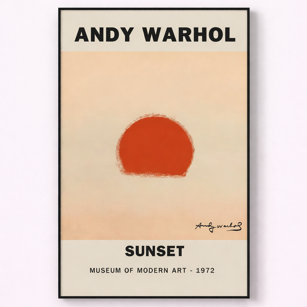 Framed Andy Warhol artwork titled 'Sunset' with a red circle on a beige background.