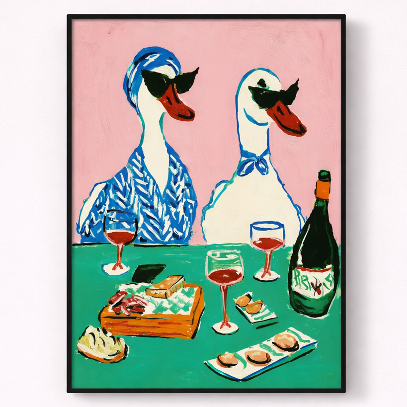 Framed artwork of two ducks at a table with drinks and food on a pink background
