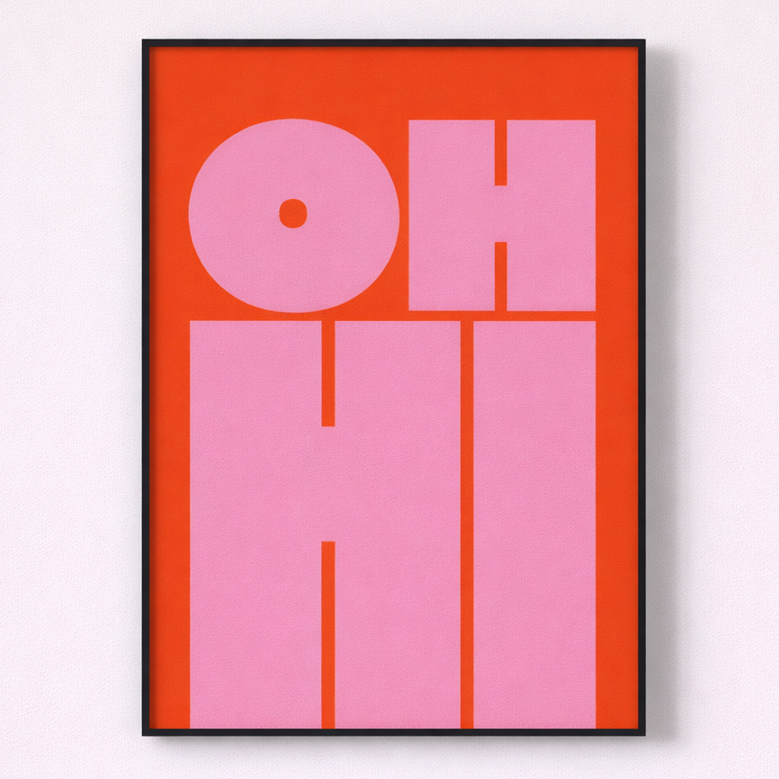 Framed artwork with 'OH' in pink on a red background
