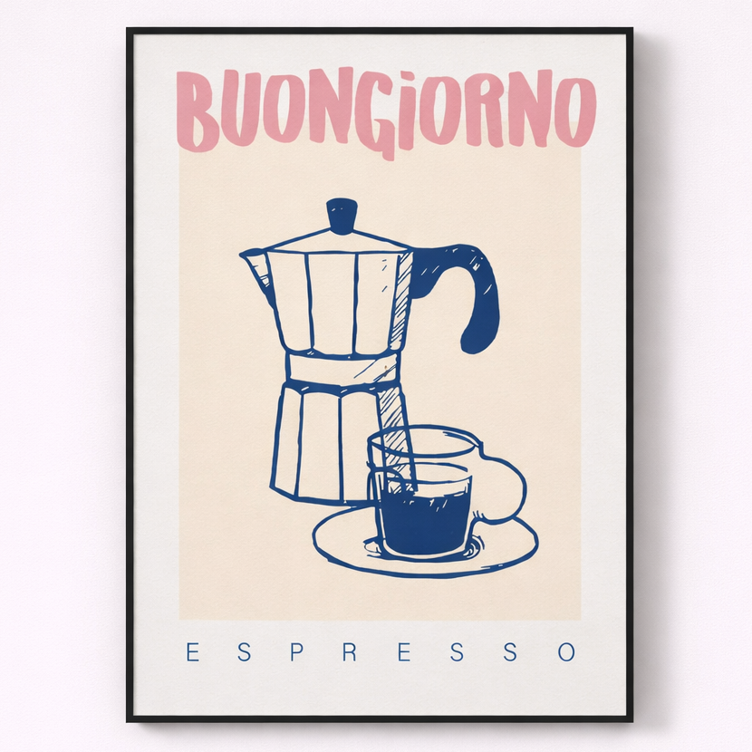 Framed poster with a Moka pot and cup of coffee illustration and 'Buongiorno Espresso' text.