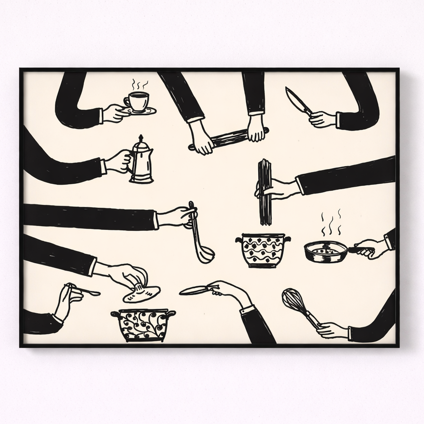 Illustration of hands with kitchen utensils on a beige background