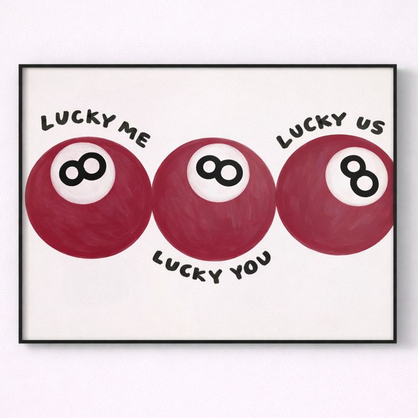 Framed artwork with three red circles labeled 'Lucky Me', 'Lucky Us', and 'Lucky You' on a white background.