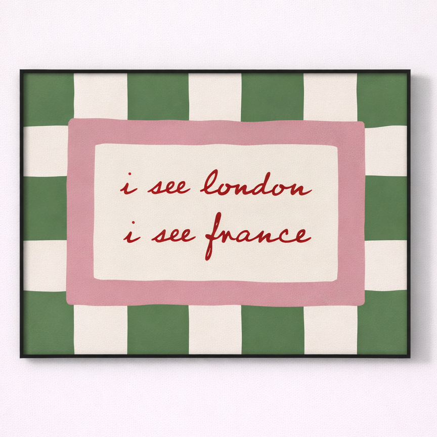 Framed artwork with green and white striped background and red text on a white background