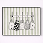 Framed artwork of five hanging bags with different patterns on a striped background