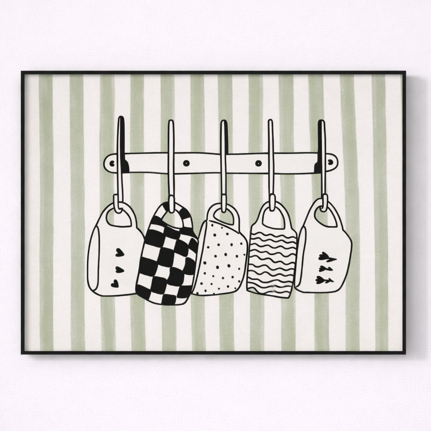 Framed artwork of five hanging bags with different patterns on a striped background