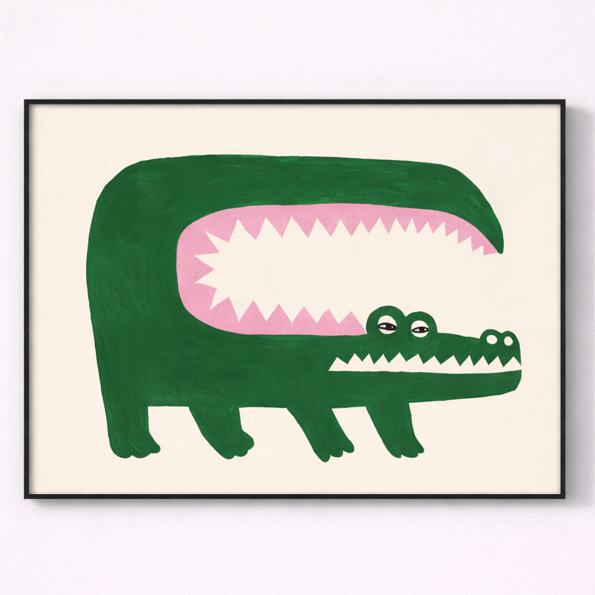 Framed illustration of a green alligator with a pink mouth on a white background