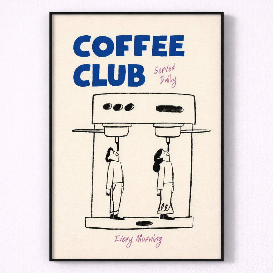 Framed artwork with 'Coffee Club' text and coffee-themed illustration on a beige background