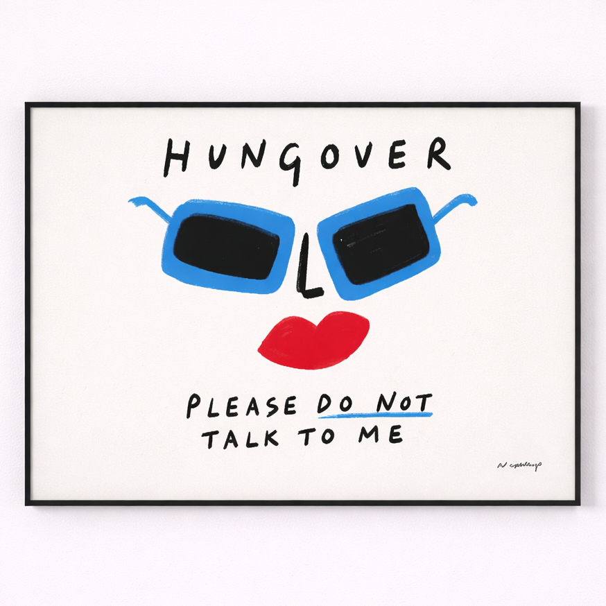 Framed artwork with sunglasses and text on a white background