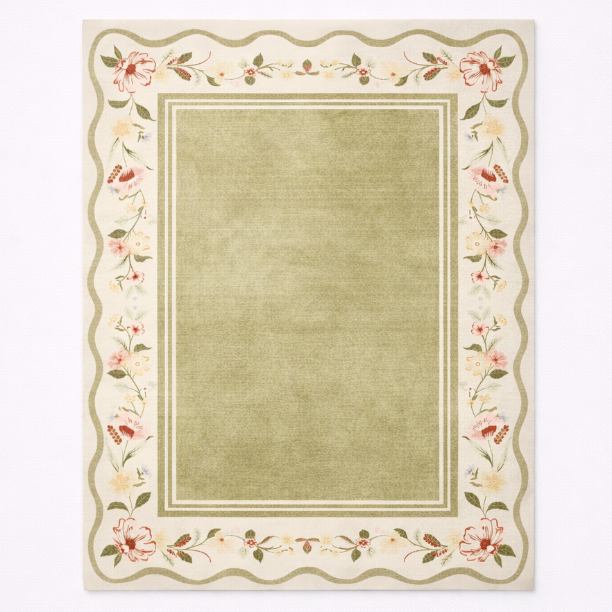 Decorative rug with floral border on a plain background