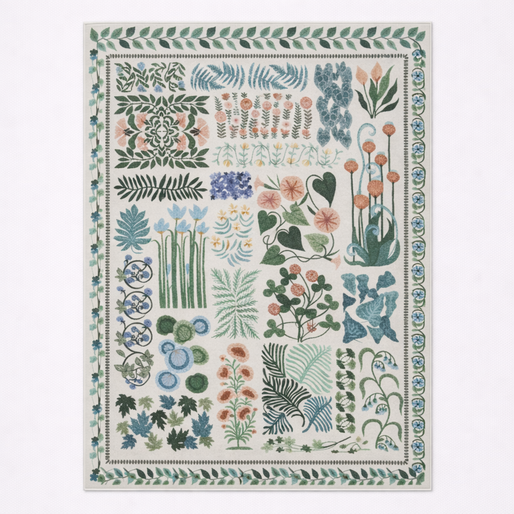 Decorative rug with a pattern of various plants and flowers on a white background