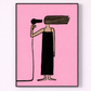 Artistic illustration of a person using a hairdryer on a pink background