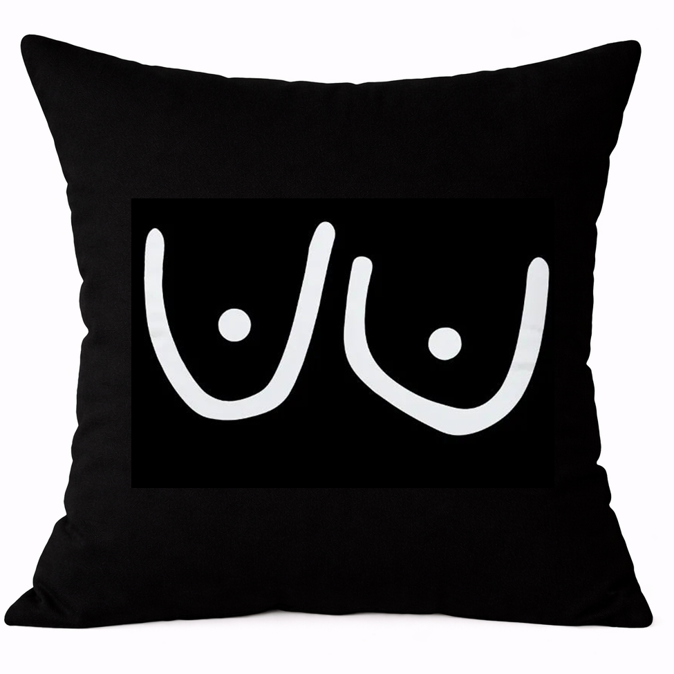 Black pillow with white abstract design on a white background