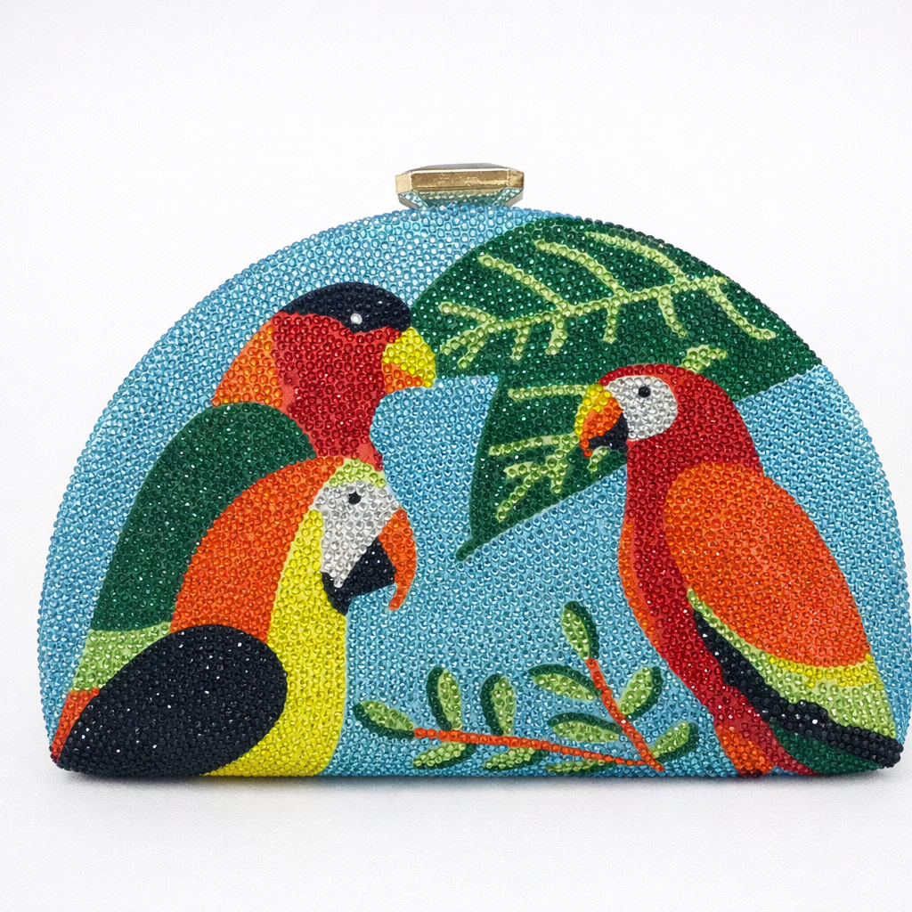 Colorful clutch bag with parrot design on a white background