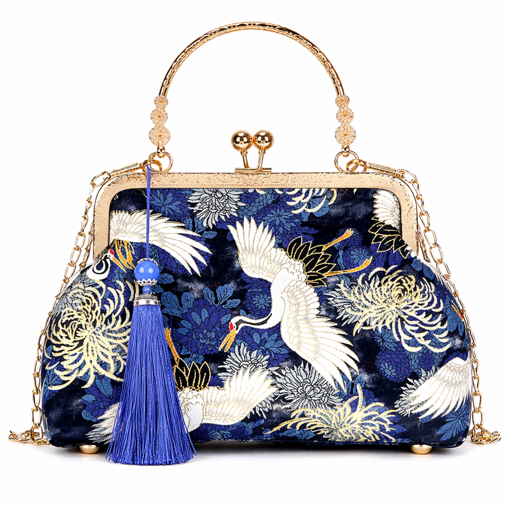 Elegant handbag with floral and crane design on a white background