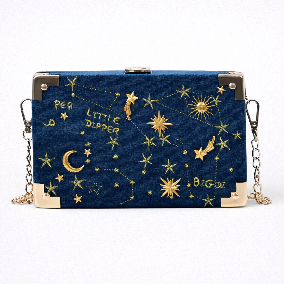 Blue handbag with gold star and constellation design on a white background