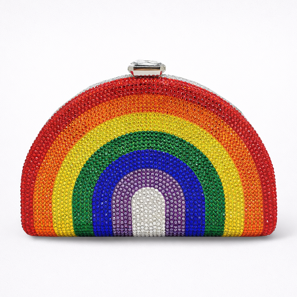 Rainbow-colored clutch bag with a white background