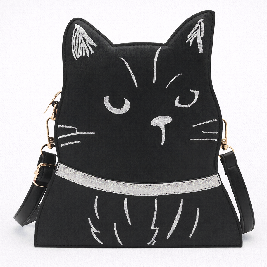 Black cat-shaped handbag with white details on a white background