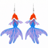 Pair of fish tail earrings with orange tops and blue tails on a white background