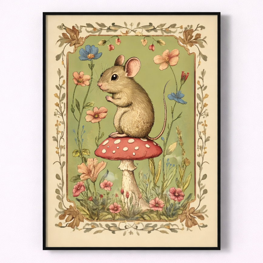 Framed artwork of a mouse on a mushroom with flowers and leaves.