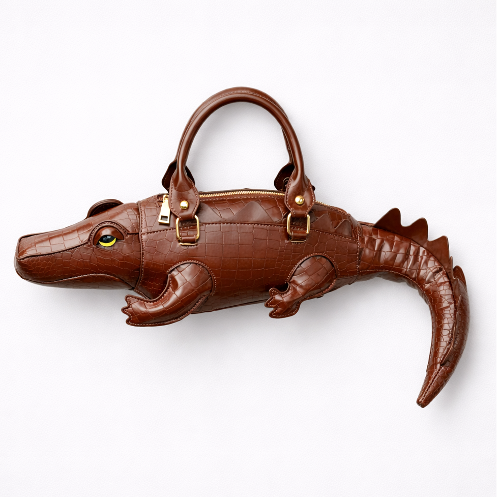 Brown alligator-shaped handbag on a white background