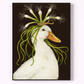 Illustration of a duck with a unique headpiece made of plants on a dark background