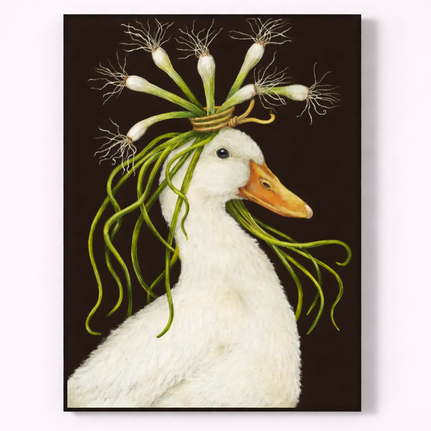Illustration of a duck with a unique headpiece made of plants on a dark background