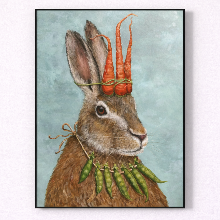 Framed artwork of a rabbit with carrots and peas on a light blue background
