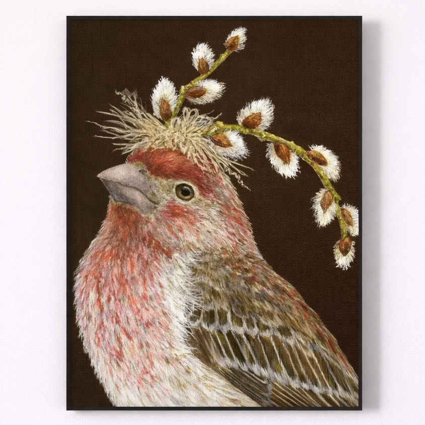 Art print of a bird with a branch and flowers on a brown background