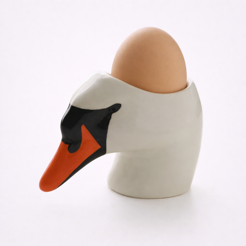 Ceramic swan-shaped egg holder with a brown egg on a white background