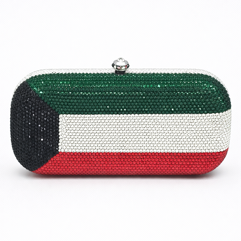 Clutch bag with a design resembling the Kuwaiti flag on a white background