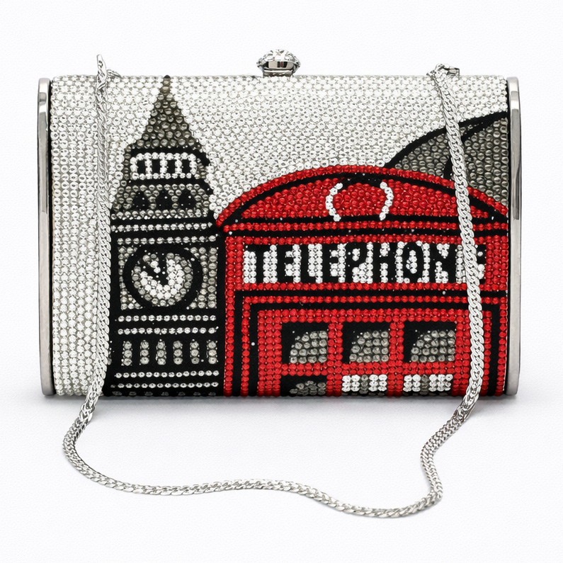 Clutch bag with London-themed design featuring Big Ben and a telephone box on a white background