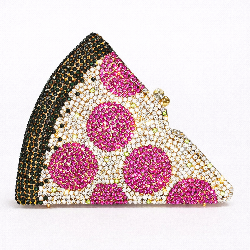 Triangular clutch bag with pink and gold embellishments on a white background