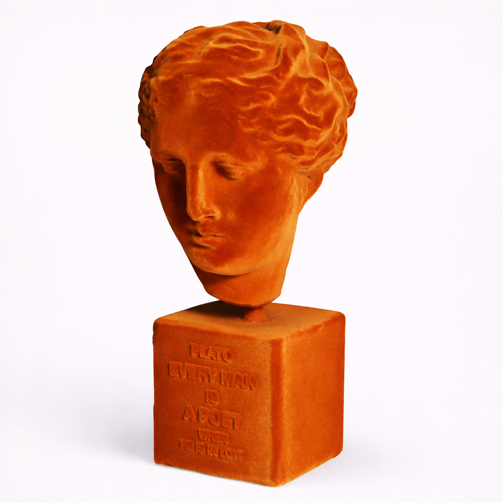 Orange sculpture of a classical bust on a white background