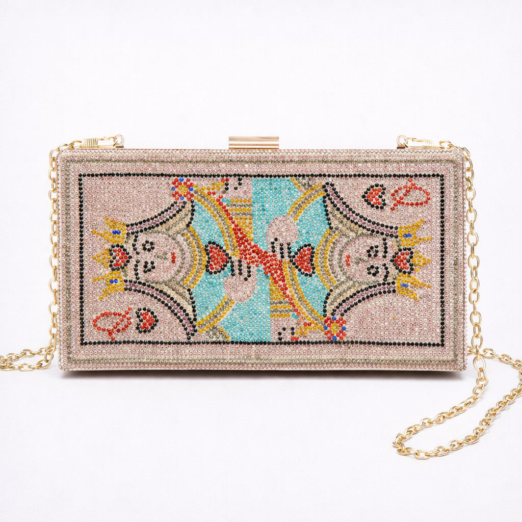 Decorative clutch bag with beaded design on a white background