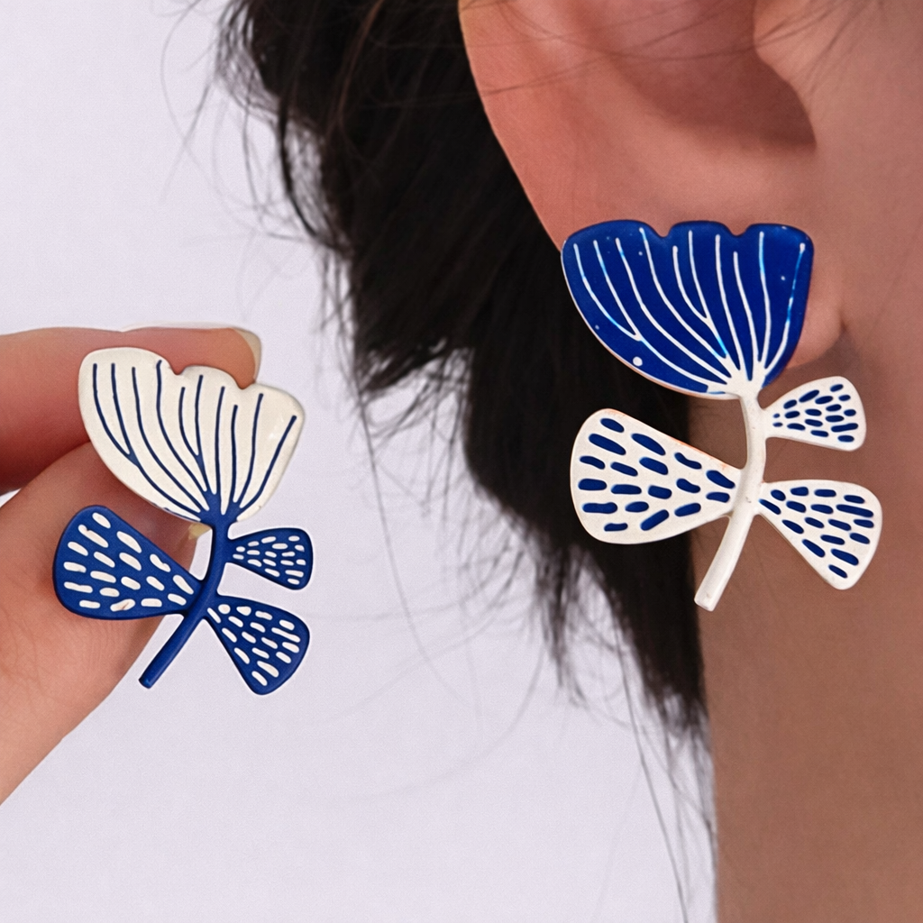 Vintage Asymmetric Drip Glaze Flower Stud Earrings for Women 2024 New Simple Design Fashion Jewelry Wedding Accessories Gifts