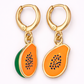 Papaya-shaped earrings with gold hooks on a white background