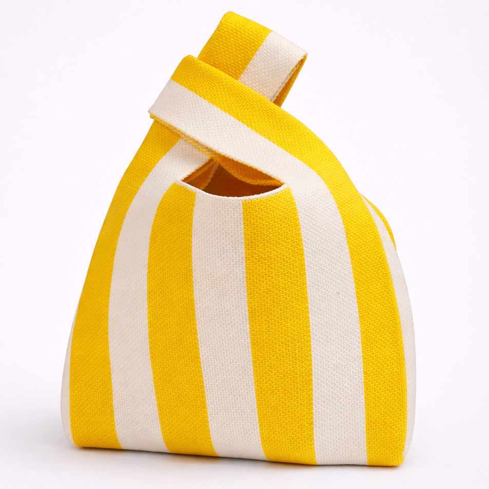 Yellow and white striped bag on a white background