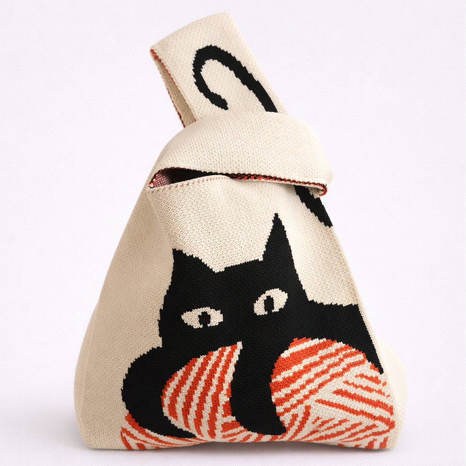 Fabric bag with a black cat and ball of yarn design on a white background