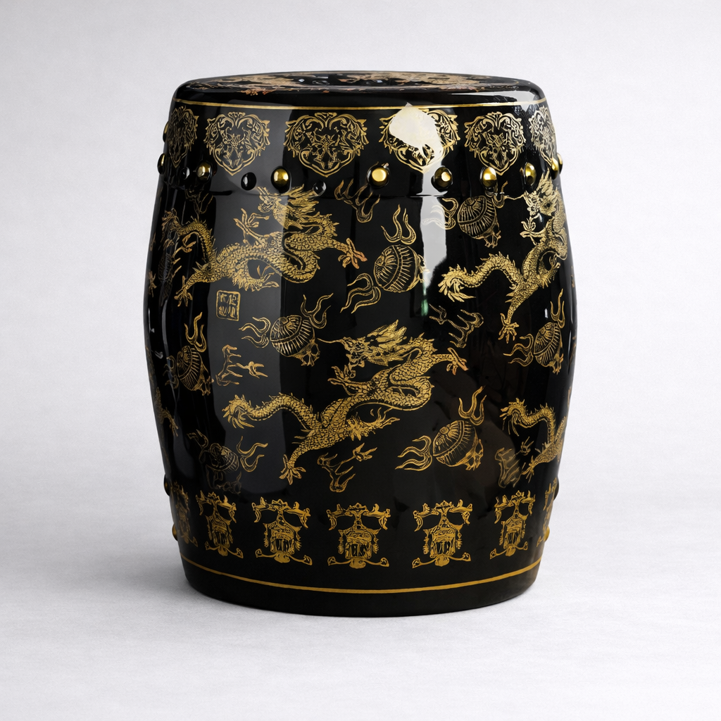 Black Gold Dragon Pattern Ceramic Stool Modern Chinese Artistic Style Round Pier Embroidered Antique Drum Stool Home Decor