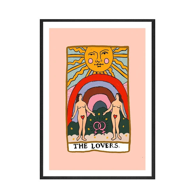 Framed artwork titled 'The Lovers' with two nude figures, a rainbow, and sun on a pink background.