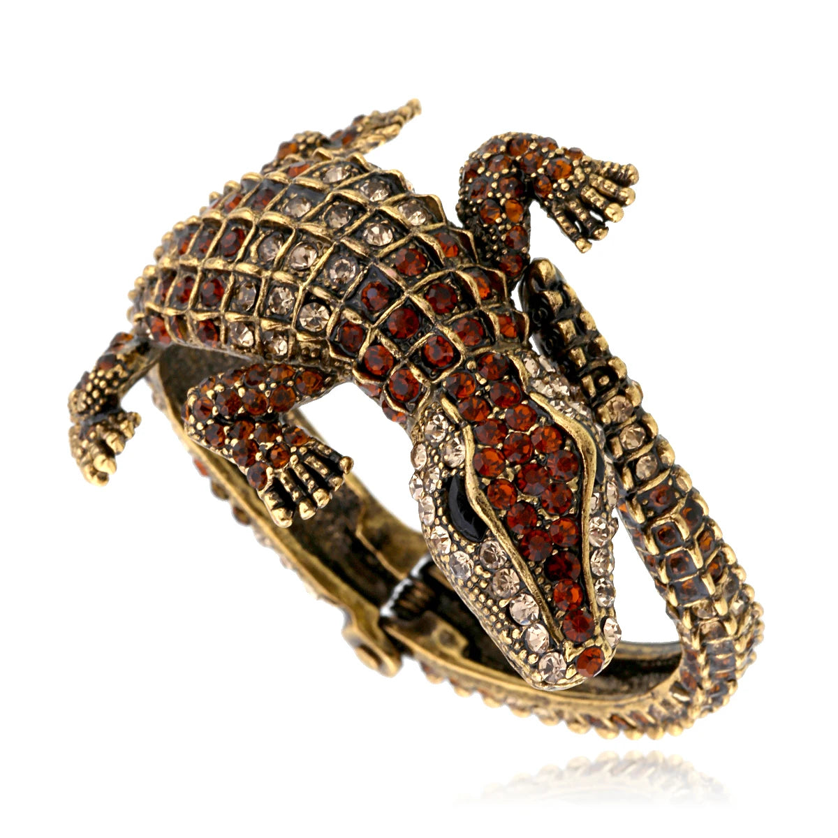 brown crystal crocodile cuff bracelet gold animal bangle statement jewelry detail product view