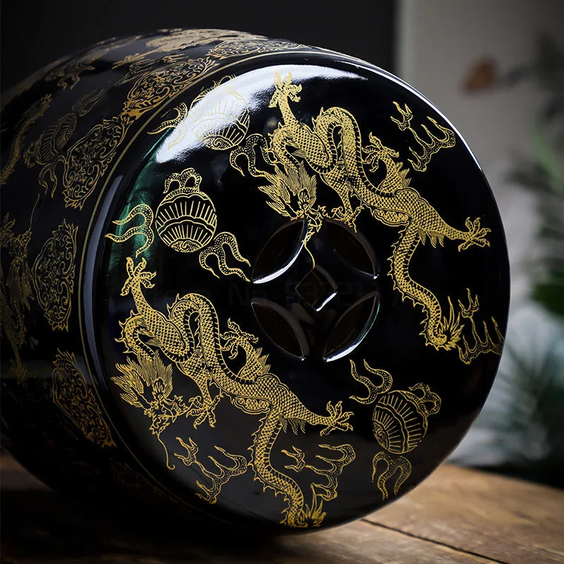 Black Gold Dragon Pattern Ceramic Stool Modern Chinese Artistic Style Round Pier Embroidered Antique Drum Stool Home Decor