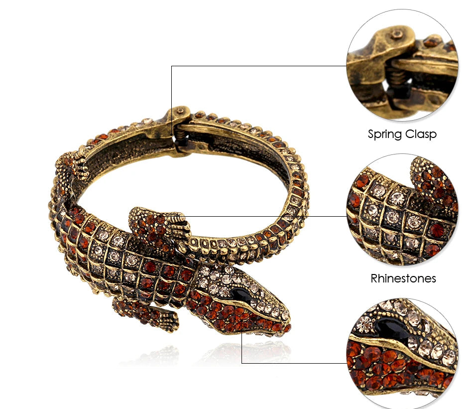 brown crystal crocodile cuff bracelet gold animal bangle statement jewelry styled product view