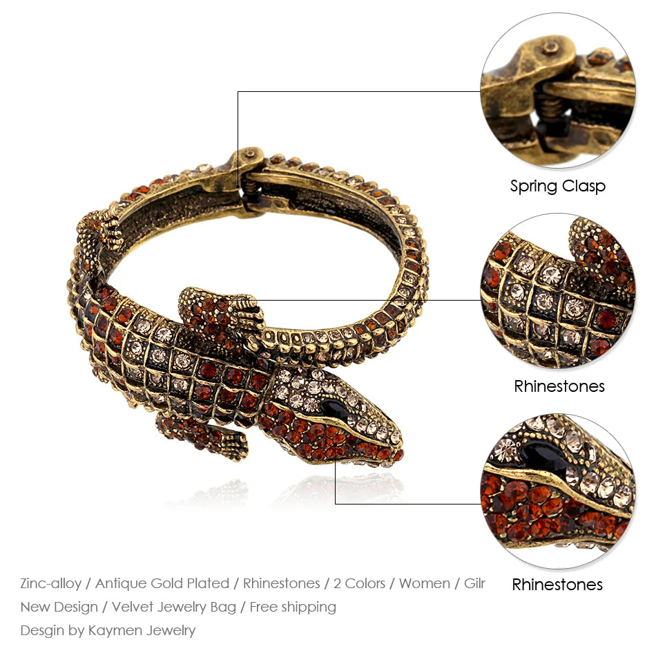 New Fashion Animal Style Vintage Crocodile Bangle Bracelet Antique Golden Plated Full Rhinestones Cuff Bangle Jewelry 4 Colors
