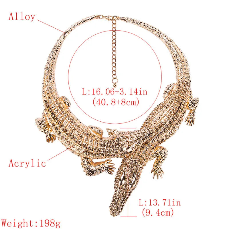 Gold necklace with measurements and material details on a white background