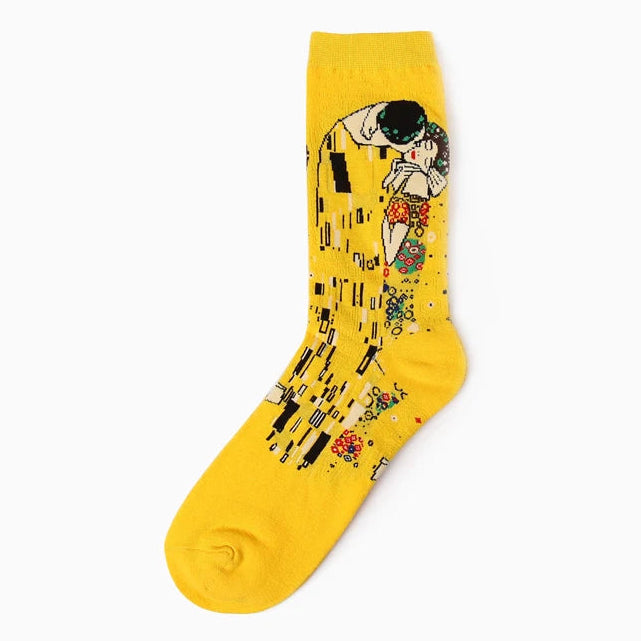Yellow sock with artistic design on a white background