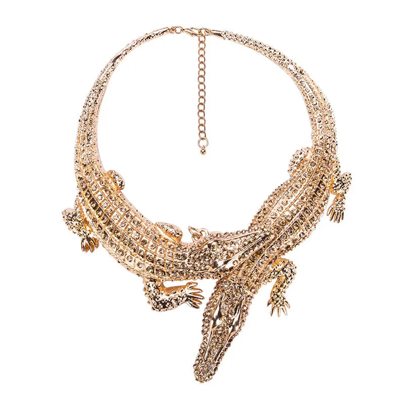Ahmed New Design Exaggerated Punk Full Crystal Crocodile Necklace for Women Fashion Trending Statement Necklace Collar Bijoux