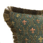 Decorative rug with intricate patterns and fringes on a white background