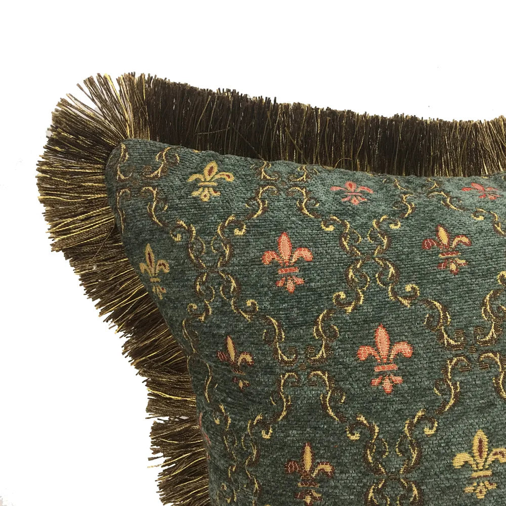 Decorative rug with intricate patterns and fringes on a white background