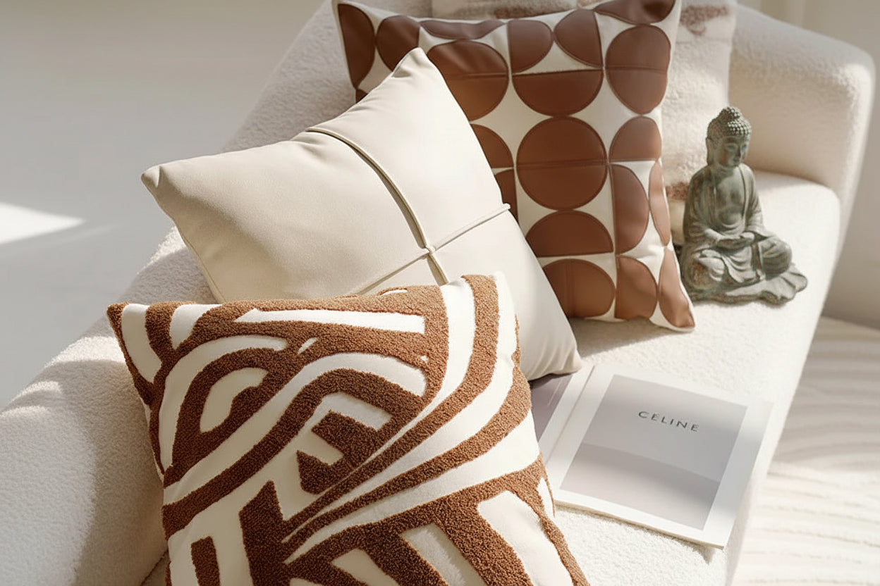 Decorative pillows on a couch with a Celine box and statue in the background